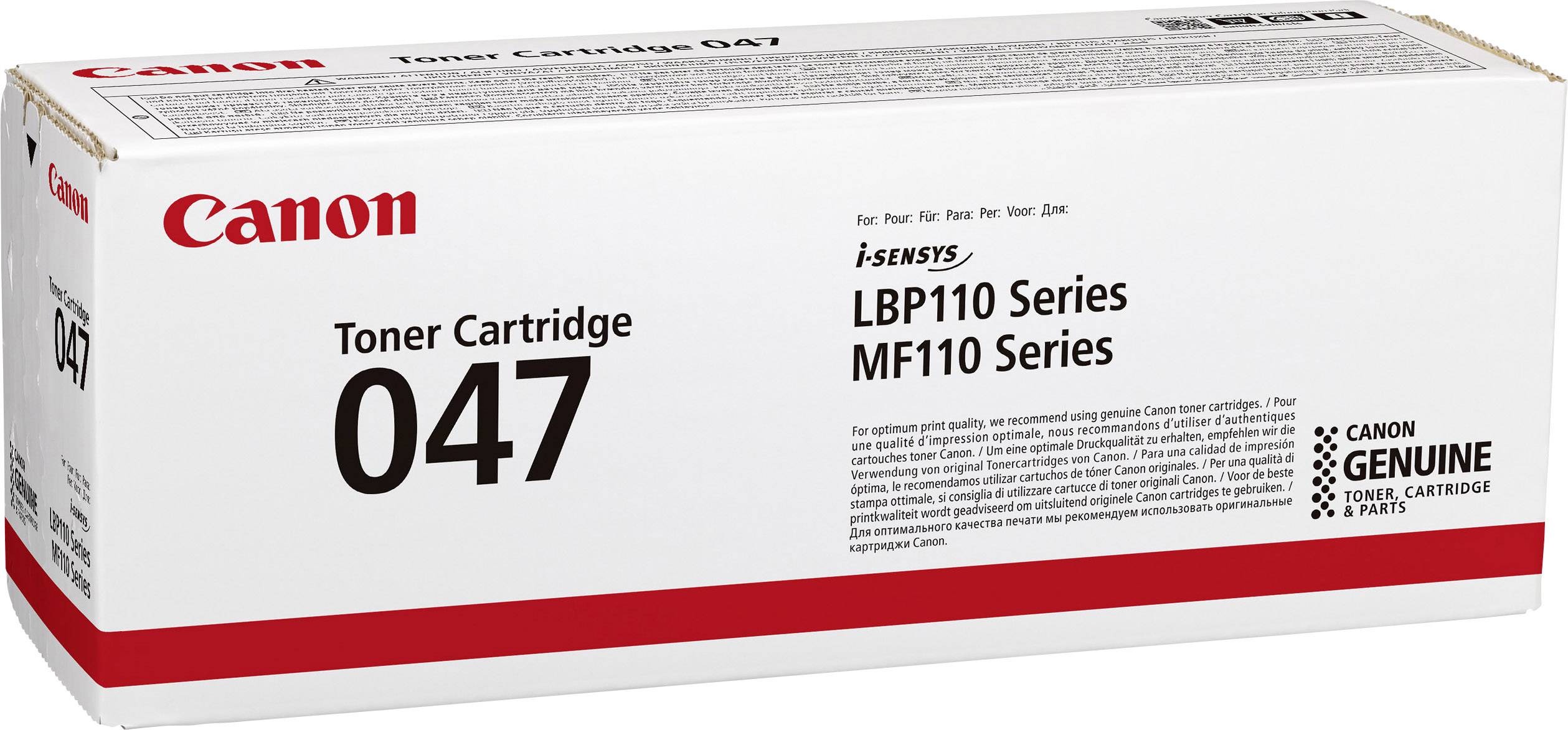 Patron til Canon-printer, model 047, kompatibel med i-SENSYS LBP110 og MF110 serier. Emballeret i hvid med rød accent.