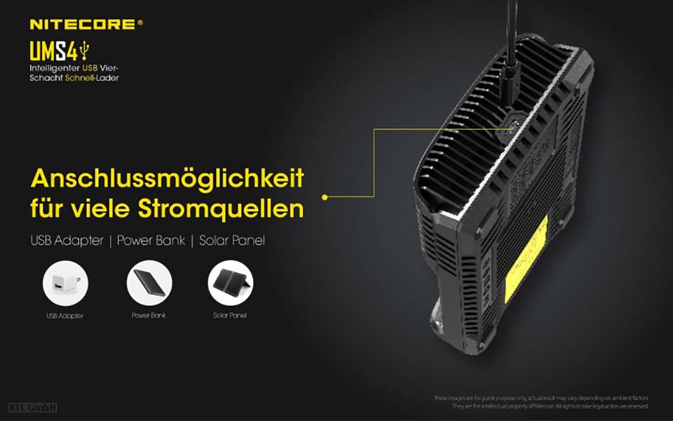 Nitecore UMS4, intelligent USB hurtigladeapparat, kompatibel med USB-adapter, powerbank, solarpanel; viser tilslutningsmuligheder.