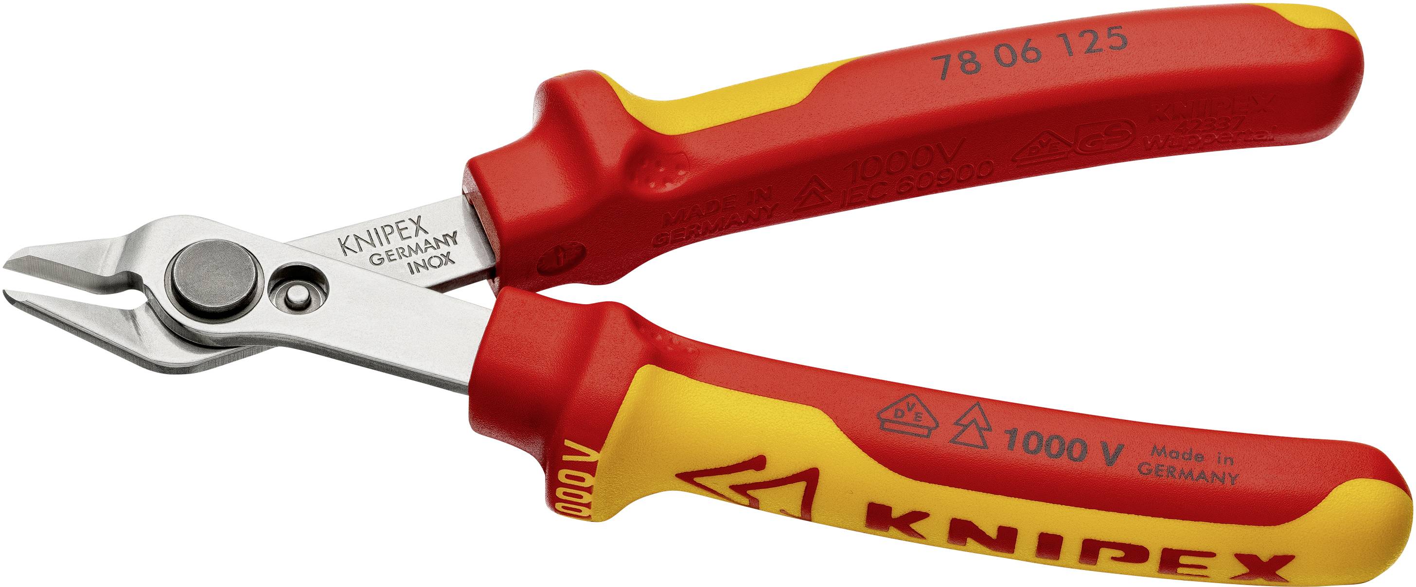 Billedet viser en Knipex saks med røde og gule håndtag, egnet til elektriske arbejdsopgaver, med isolering til op til 1000 volt.