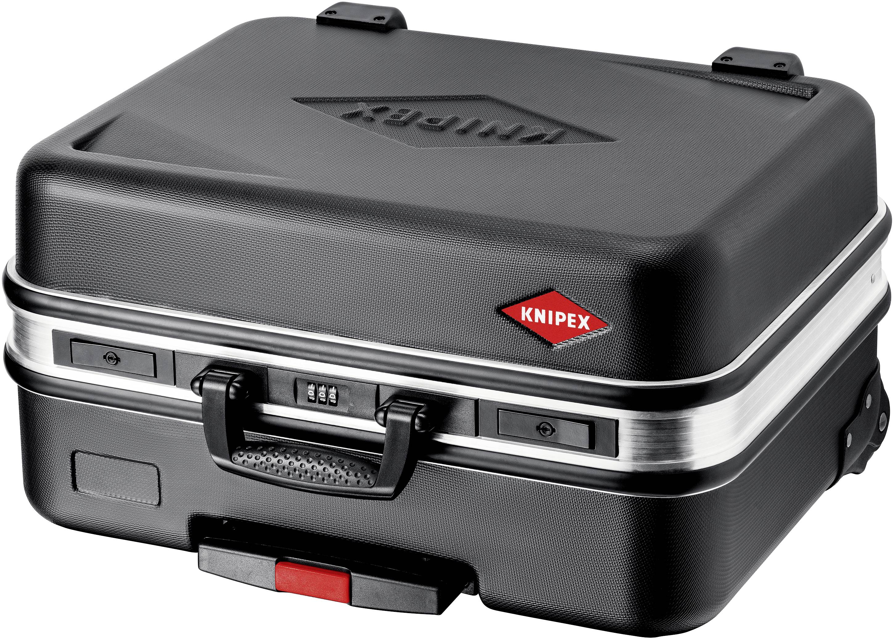 Sort værktøjskasse med rødt 'Knipex'-logo på låget, forsynet med tre kombinationslåse og et robust håndtag.