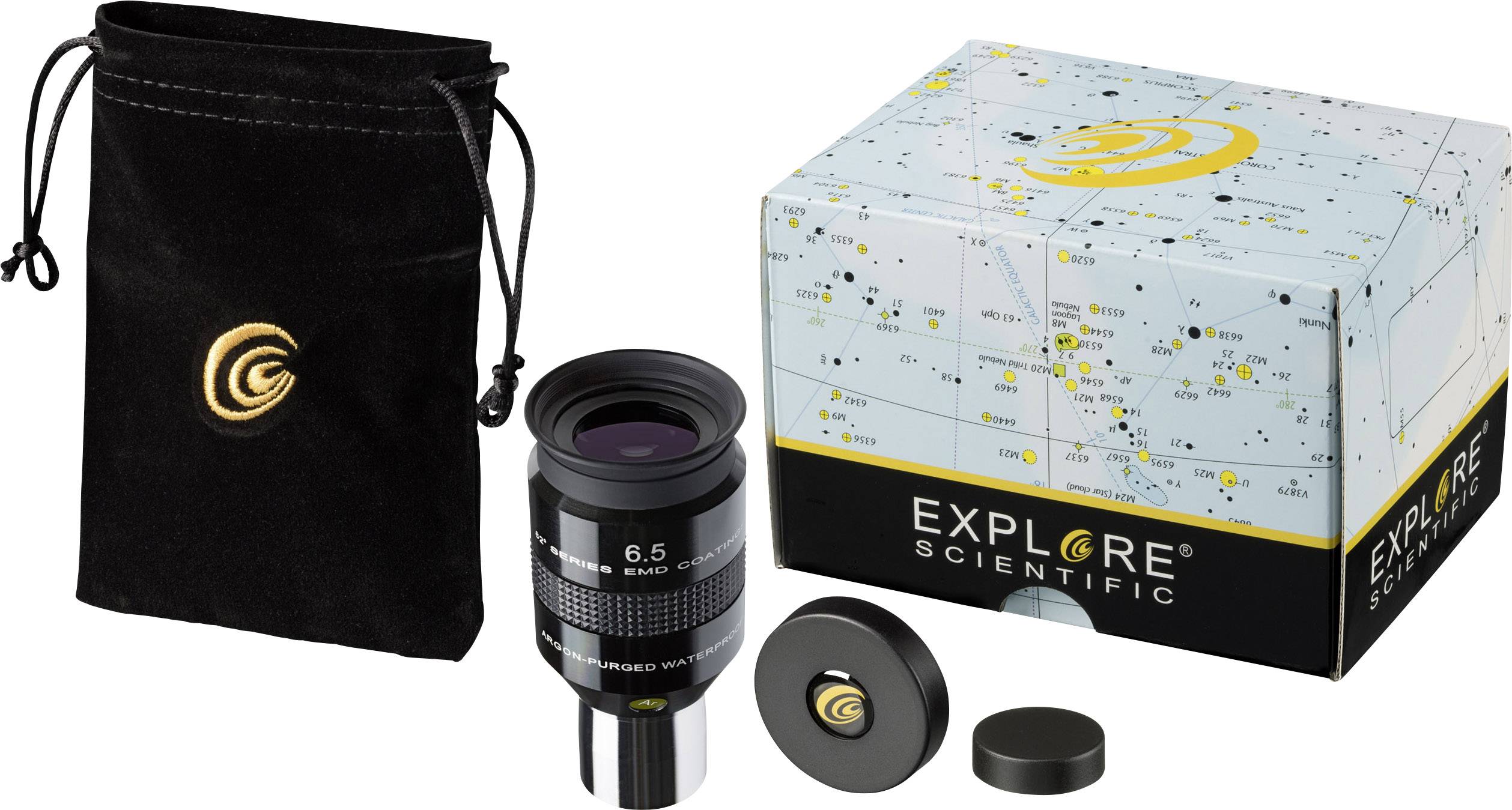 Teleskop-okular-sæt med sort transporttaske og stjernekort på emballagen. Mærkning 'Explore Scientific'.