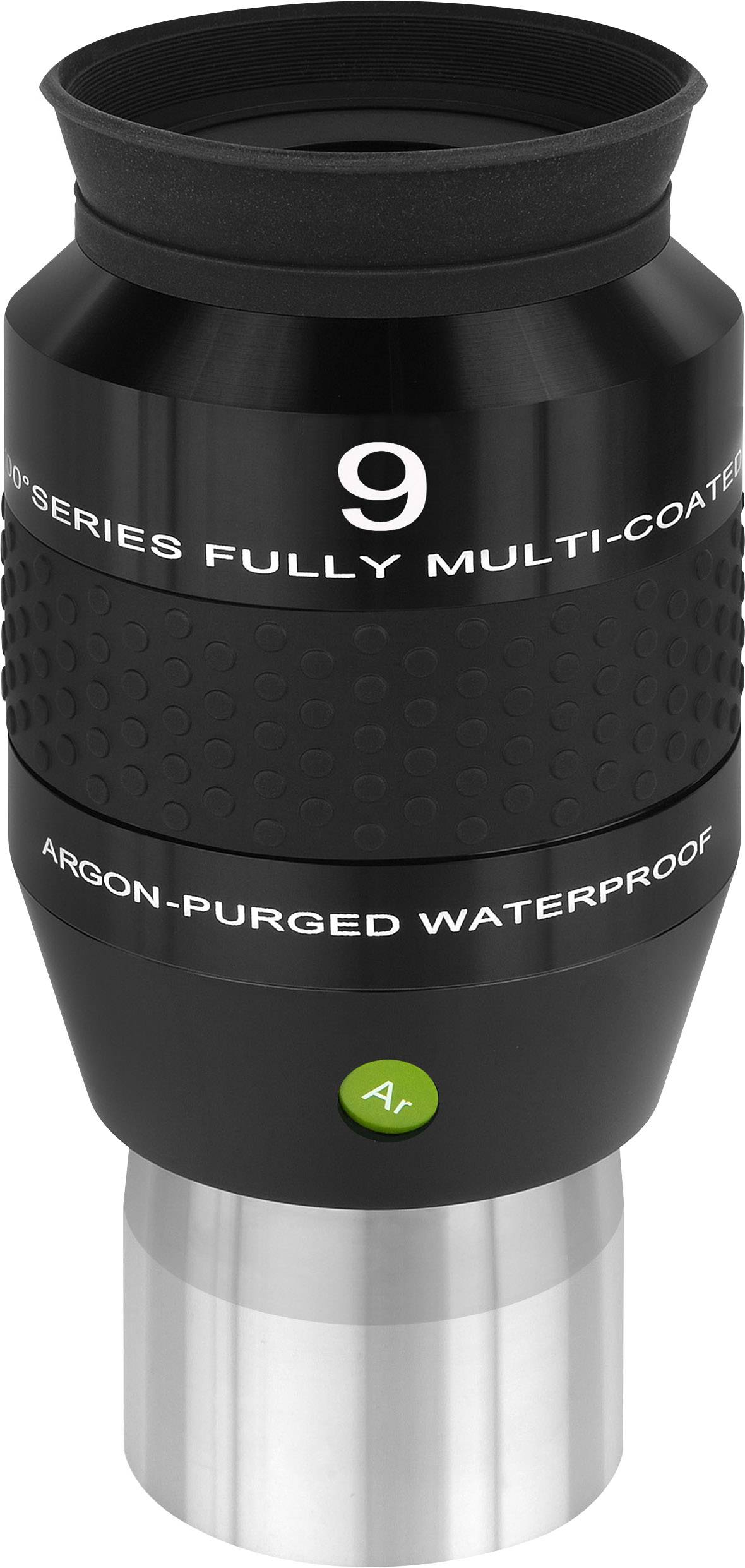 Et sort okular med påtrykt '9 mm Series Fuldt Multi-Coated' og 'Argon-Purged Vandtæt', egnet til teleskoper eller observation.
