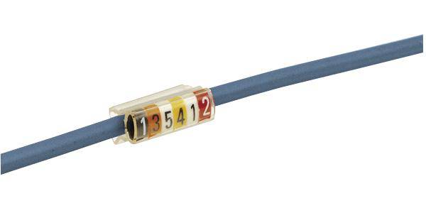 Et blåt kabel med en transparent clips, der indeholder fem farvede markeringer med tallene '1', '3', '5', '4', '2'.