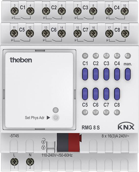 En KNX-koblingsaktuator fra Theben, model RMG 8 S, med otte kanaler (C1-C8) og blå betjeningstaster til manuel betjening.