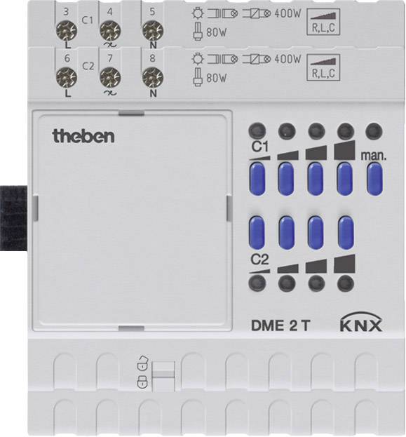 Et elektrisk KNX-betjeningsapparat med forskellige blå taster og tilslutningsklemmer. Varemærkenavn og modelnummer påtrykt.