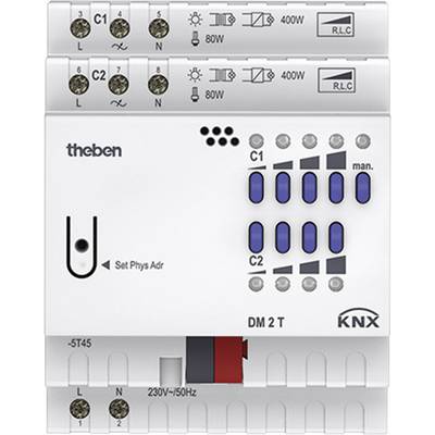 Et hvidt KNX-installationsmodul fra mærket Theben viser forskellige taster og tilslutninger til styring af elektriske apparater.