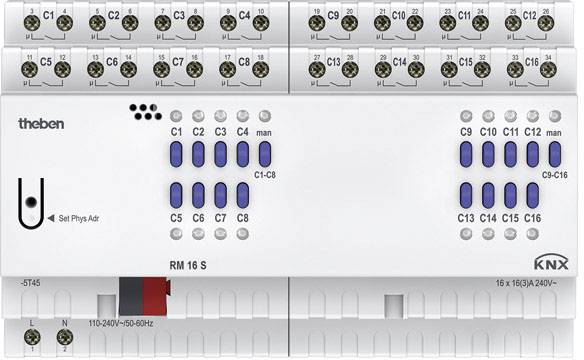 KNX-betjeningsaktuator med 16 kanaler, model RM 16 S, viser fysiske adresser og manuelle taster for kanaler C1-C16.