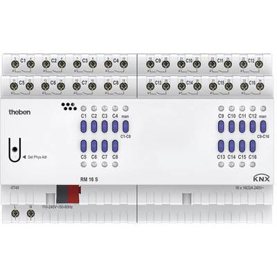 KNX-betjeningsaktuator med 16 kanaler, model RM 16 S, viser fysiske adresser og manuelle taster for kanaler C1-C16.