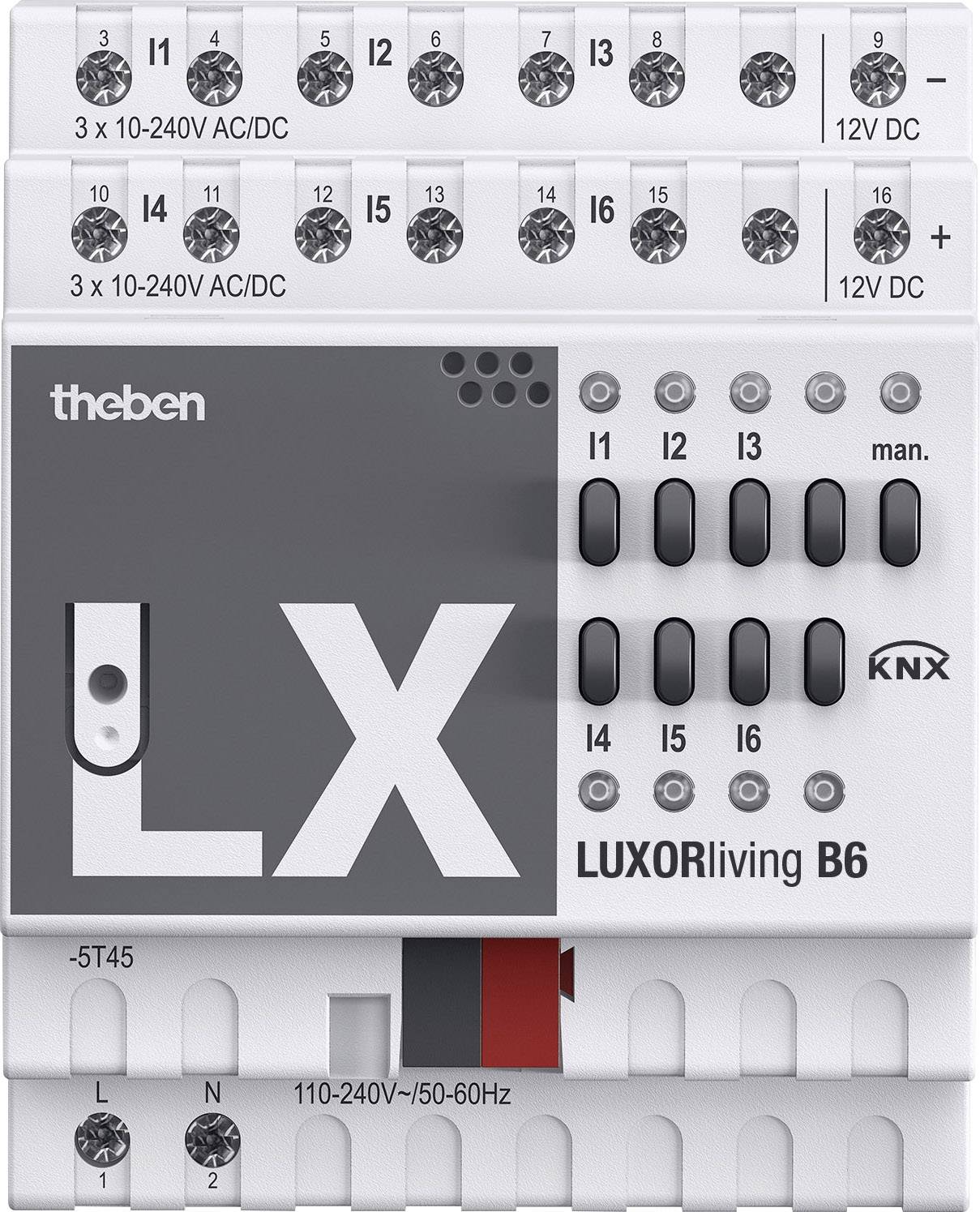 Billedet viser en KNX-kontrolenhed Theben LUXORliving B6. Den har forskellige indgange, udgange og tilslutningsmuligheder.