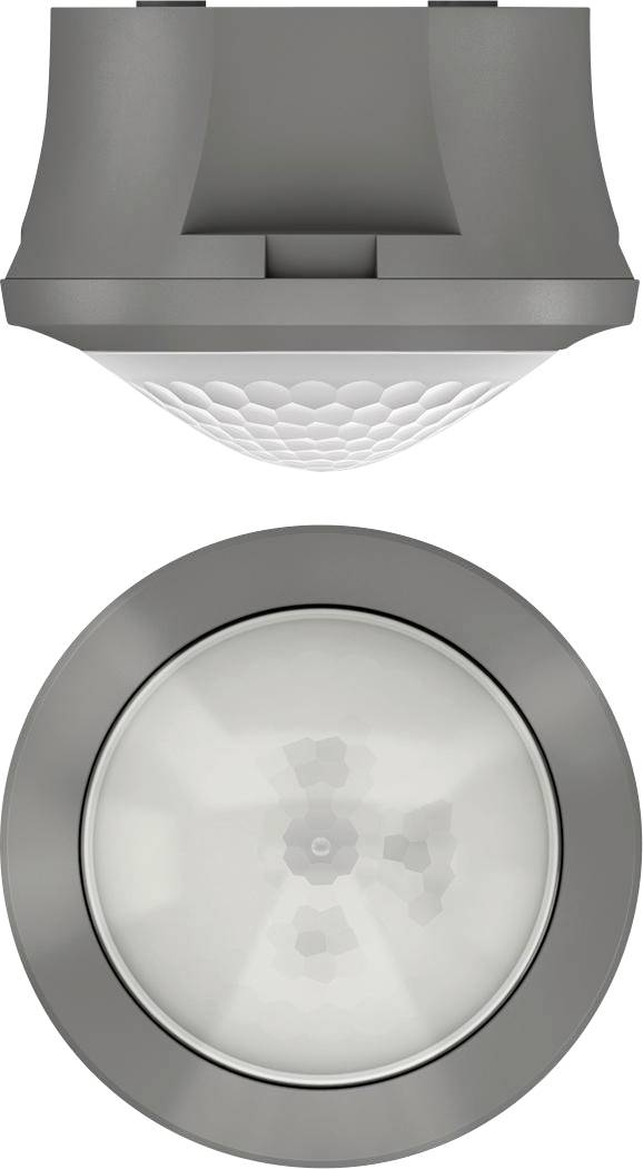 Grå-hvid bevægelsessensor i to visninger: side- og topview. Sensorelementet med en honeycomb-lignende struktur er synlig.