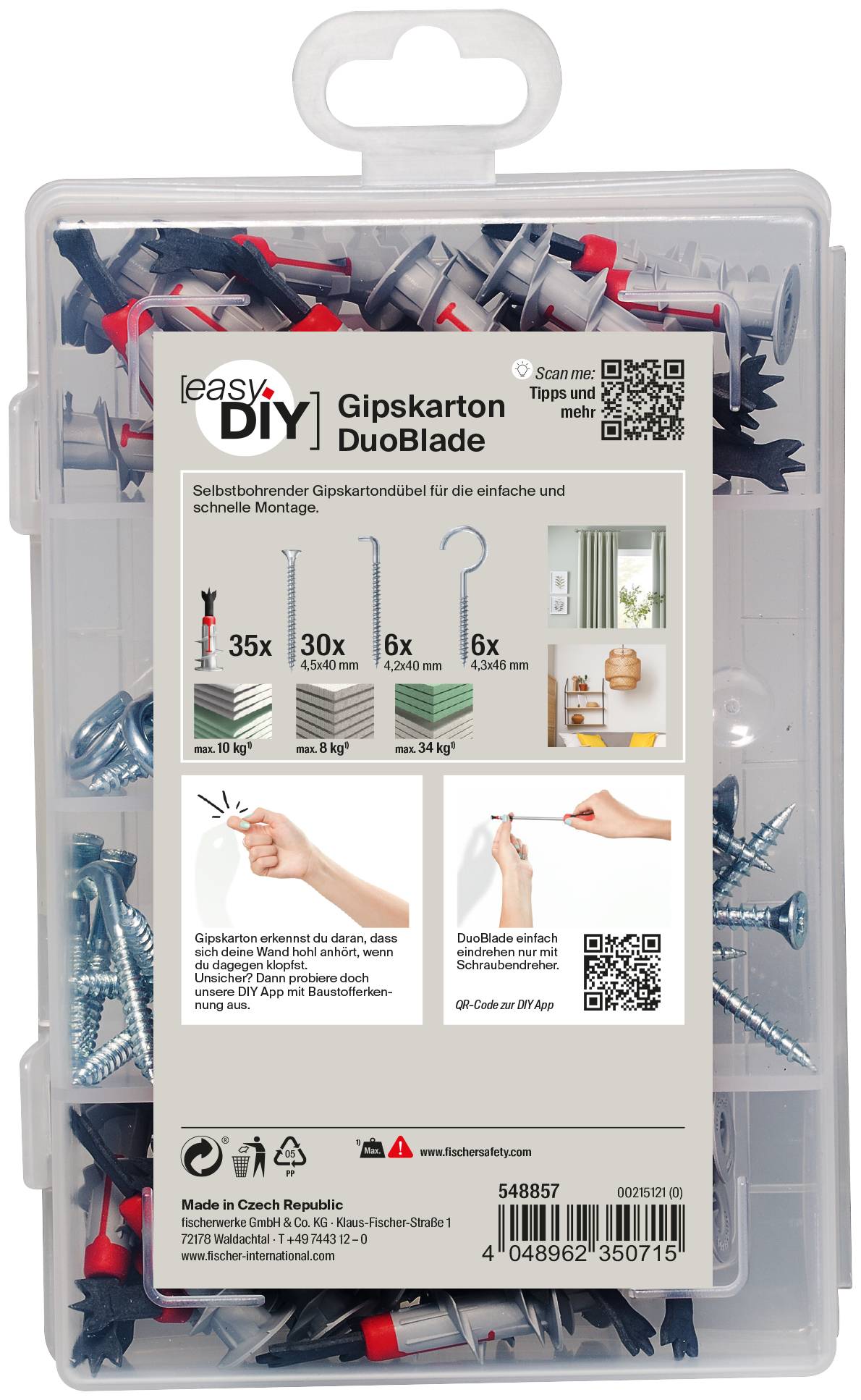 Klar plastikboks med EasyDIY Gipskarton DuoBlade gipsvægkarton-ankre og skruer, mærket med mængder og QR-kode.