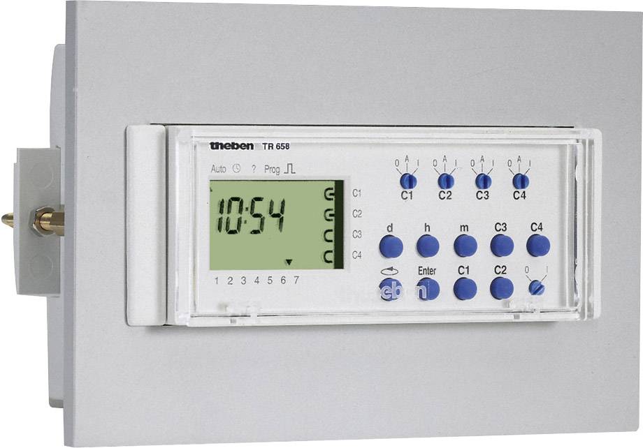Elektronisk tidsur med display viser klokkeslættet '10:54'. Flere knapper til programmering af skiftetider.