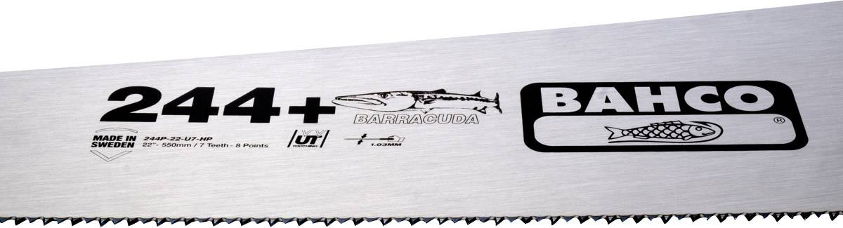 Savklinge med påskriften '244+', illustration af en barrakuda, varemærket 'Bahco', fremstillet i Sverige.