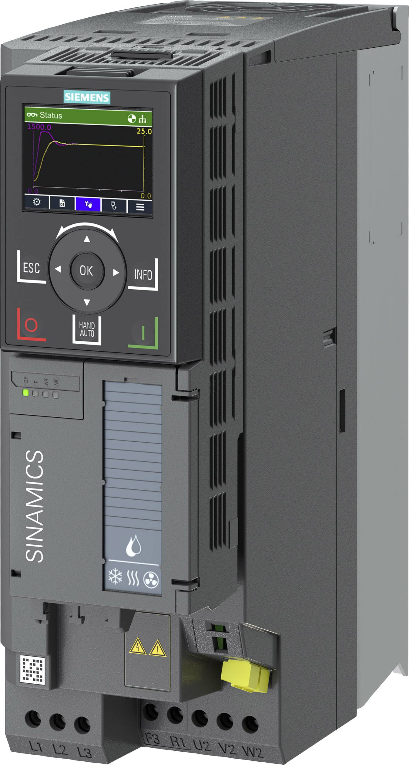 Siemens frekvensomformer Sinamics G120 med display til motorstyring og energibesparelse i industrielle applikationer.