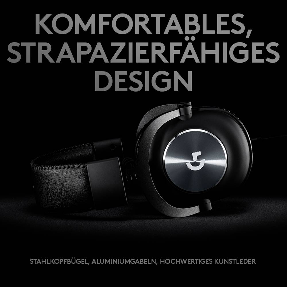 Høretelefoner med robust design og stålbøjle, aluminiumgafler og højkvalitets kunstlæder. Tekst: 'KOMFORTABELT, SLIDSTÆRKT DESIGN'.