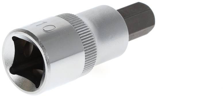 En sølvfarvet momentnøgle med riflet greb og sekskant-hoved, mærket med '10'.