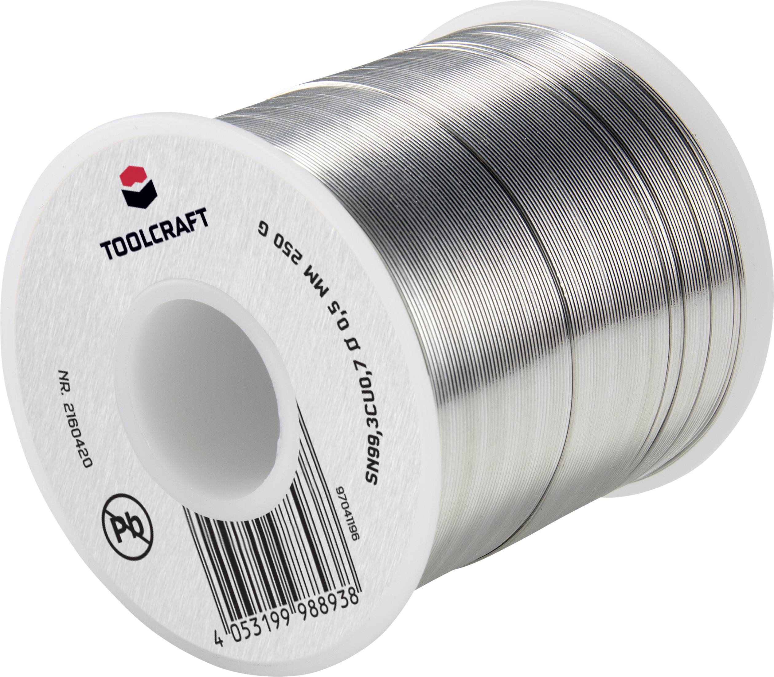 En rulle loddetin fra mærket TOOLCRAFT, diameter 0,5 mm, flusmiddelindhold på 2,5 %, med produktnummer og stregkode synlig.