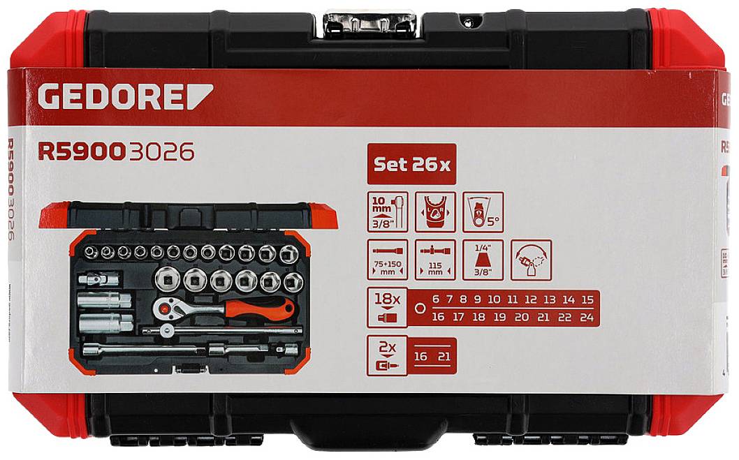 Gedore sokkelssæt R59003026, 26 dele, med topnøgler, skraldenøgler og tilbehør i en kompakt, robust kuffert.