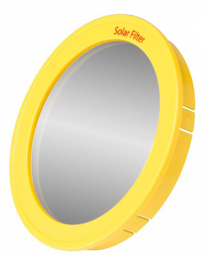 En gul, rund solarfilter til teleskoper, egnet til sikker soliagttagelse.