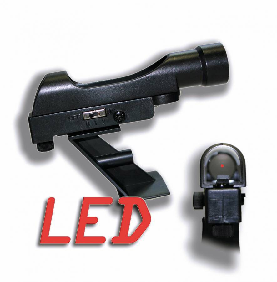 En sort LED-pistolsigte med et rødt punkt i midten, ved siden af ordet 'LED' vist med røde bogstaver.