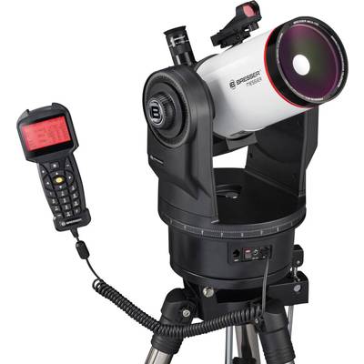 Et computersstyret teleskop på et stativ, udstyret med en kontrolkonsol, ideelt til observation af astronomiske objekter.