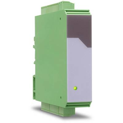 Grønt DIN-skinne-modul med en grå frontplade og en grøn LED-indikator nederst til højre. Egnet til industrielle anvendelser.