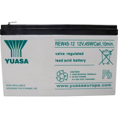 Bly-syre-batteri med påskrifterne: 'YUASA', 'REW45-12', '12V, 45W/celle, 10min.', sikkerhedsadvarsler og kontaktoplysninger.