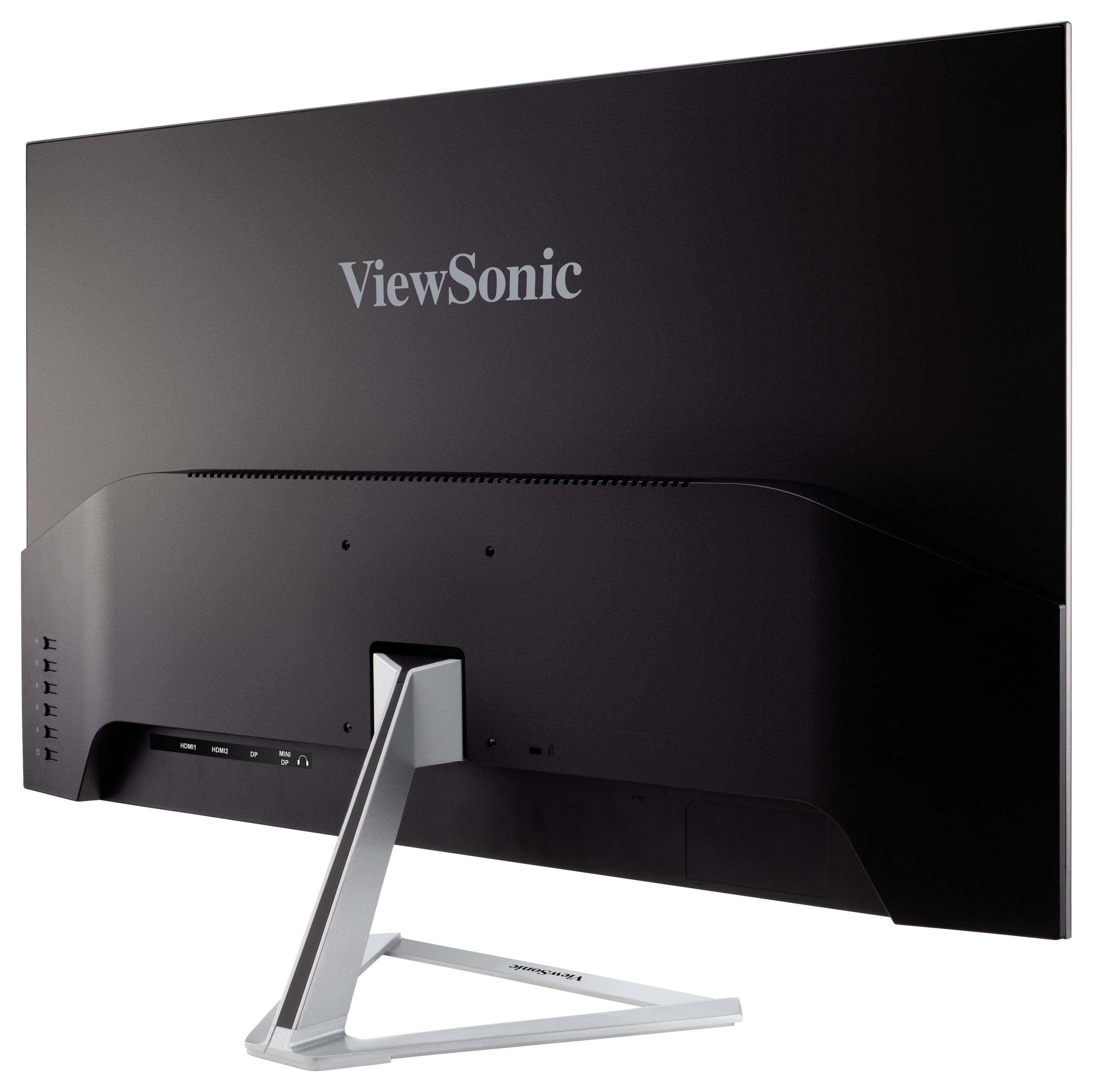 ViewSonic-skærm set bagfra, sort overflade, slank fod, flere tilslutninger på venstre side.