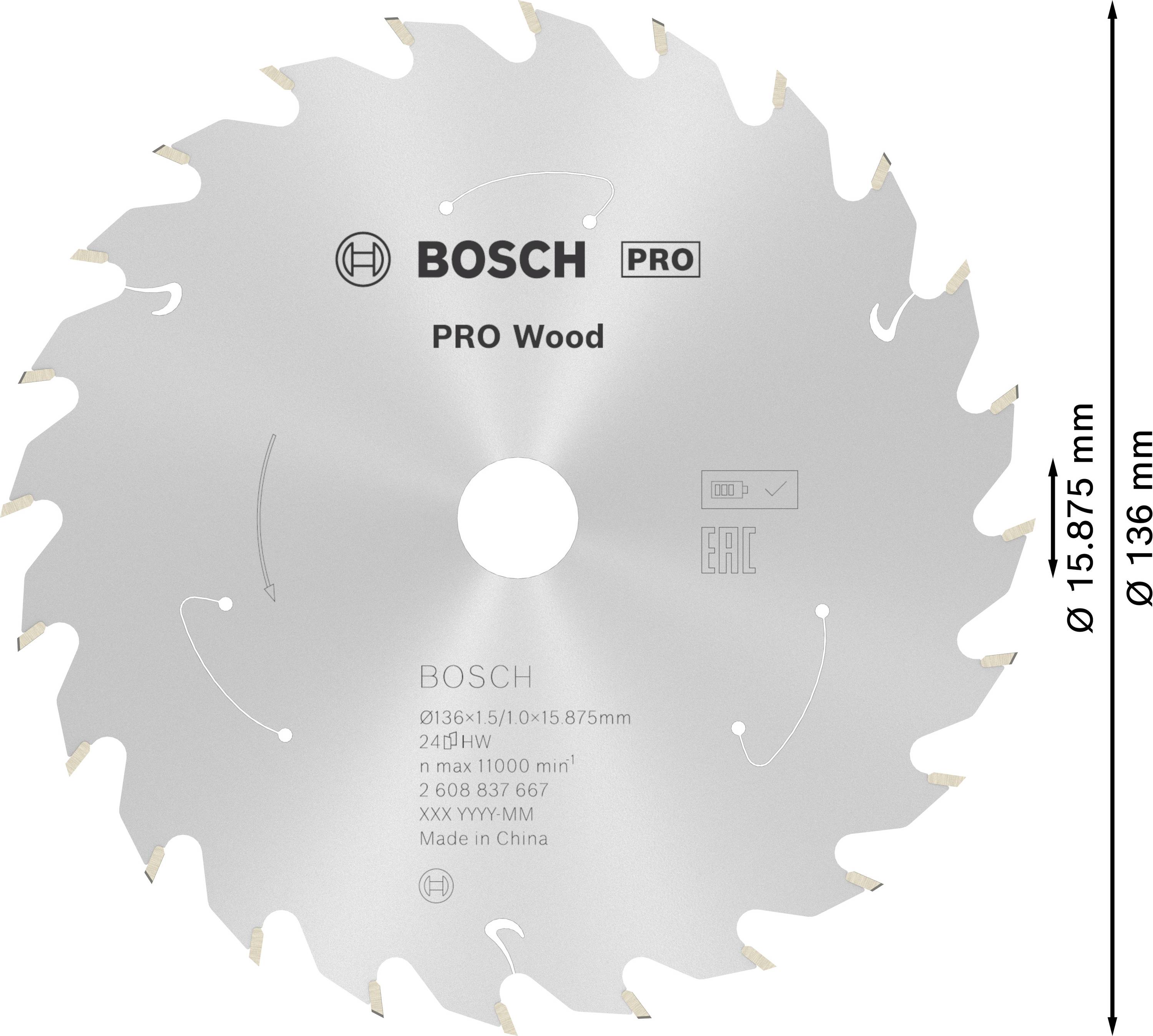 Savklinge 'BOSCH PRO Wood', diameter 15,875 cm, 24 tænder, maksimal omdrejningshastighed 11.000 o/min, til træ, fremstillet i Kina.