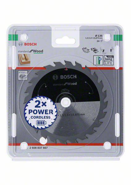 Bosch rundsavsklinge i emballage, egnet til træ. Fremhævet: '2x Power Cordless', holdbar, 136 mm diameter, 24 tænder.