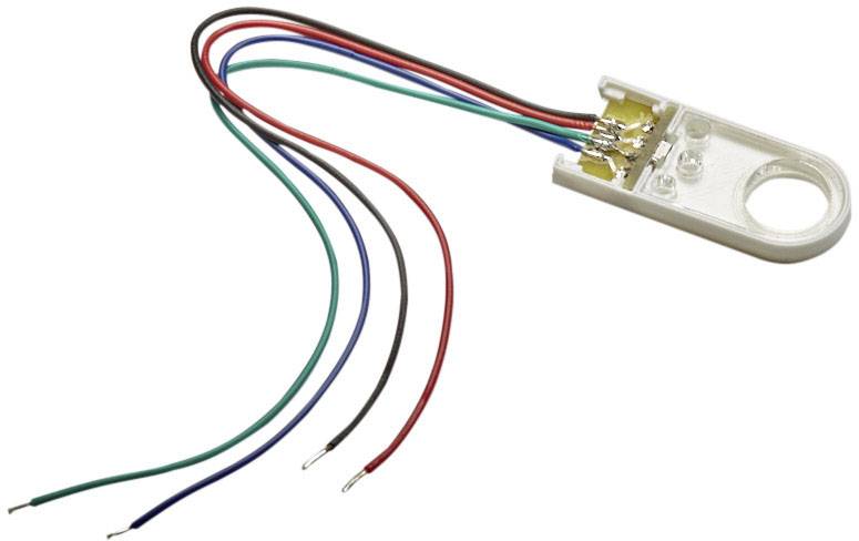 En lille elektronisk sensor med fire fremtrædende, farvekodede kabler (rød, sort, blå, grøn) til dataoverførsel.