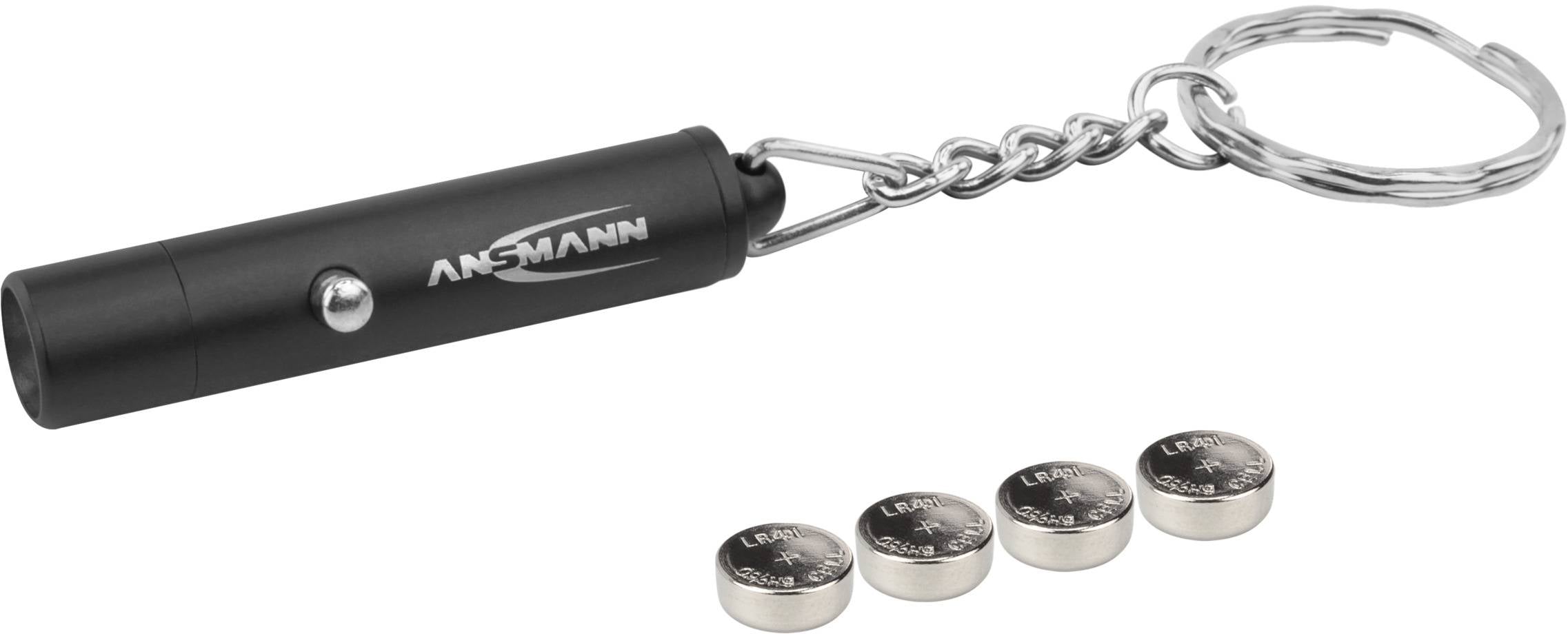 Nøglering med sort laserpointer og fire små batterier ved siden af.