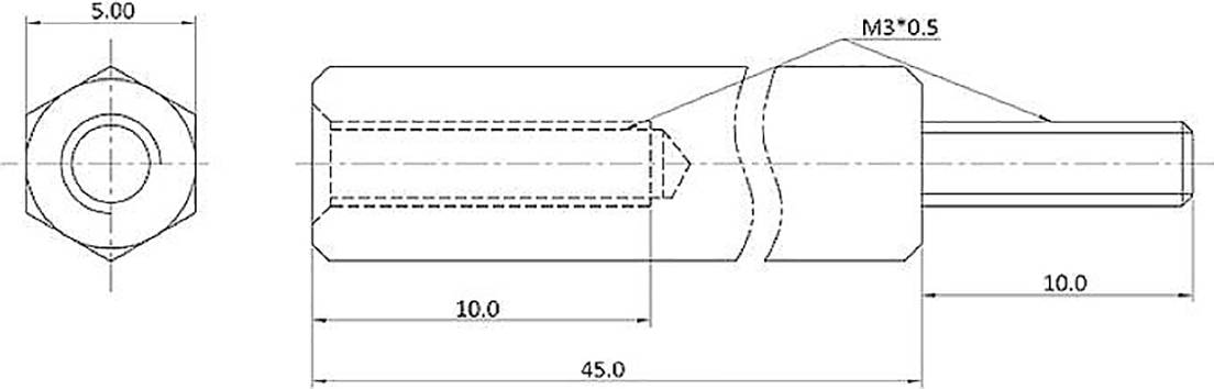 Teknisk tegning af en cylindrisk komponent med M3-gevind. Dimensioner: Længde 45 mm, bredde 10 mm, gevindlængde 10 mm.
