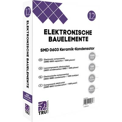 Elektroniske SMD 0603 keramiske kondensatorer, emballage med 1000 stk., spænding 50V, værdi 1000. Flersproget beskrivelse.