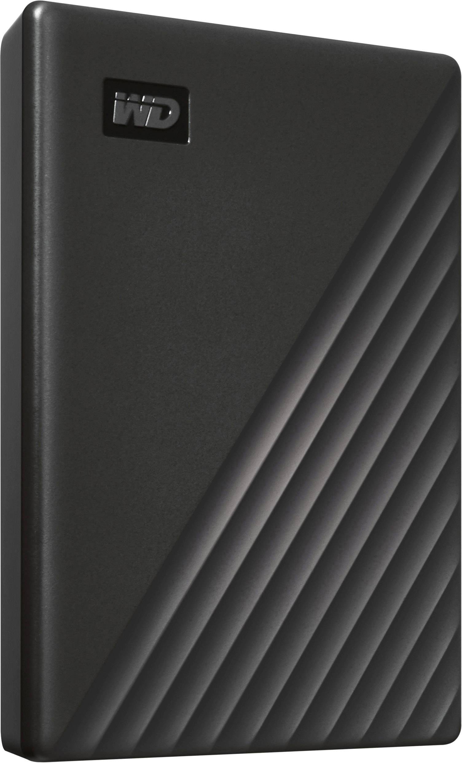 Ekstern sort harddisk med diagonale linjer på overfladen; WD-logo øverst i venstre hjørne.
