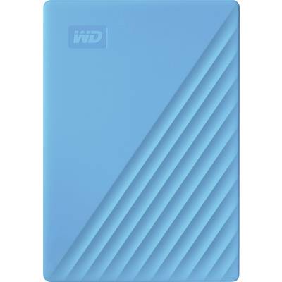 En blå ekstern harddisk med diagonalt stribemønster og 'WD'-logoet i øverste venstre hjørne.