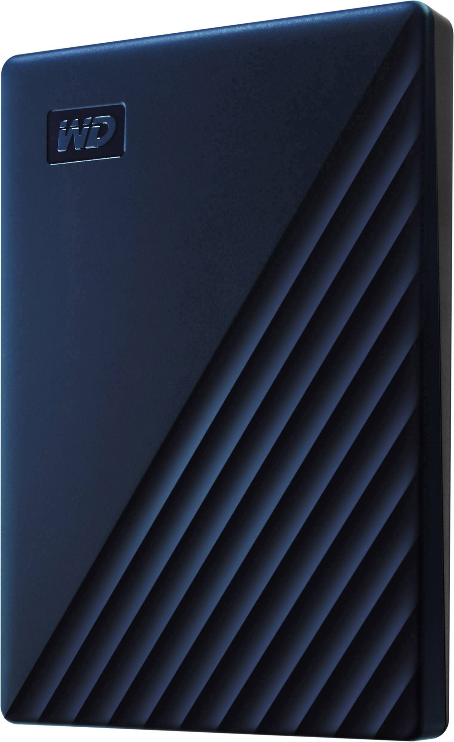 En sort, ekstern Western Digital harddisk med diagonale striber.
