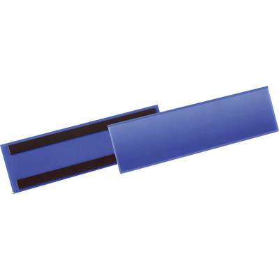 To makerede blå navneskiltsholdere af plast med sort magnetstribe på bagsiden, til fastgørelse på metaloverflader.