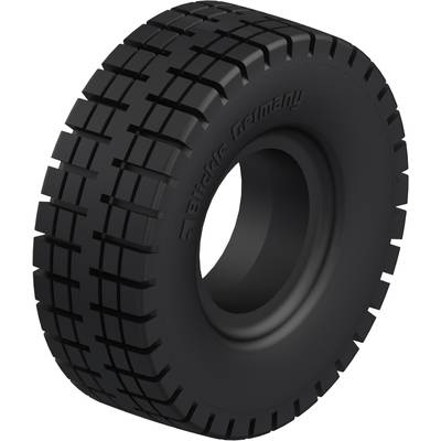 En sort terrængående dæk med mønster, egnet til off-road-køretøjer. 'Bridie Germany' er præget i gummiet.