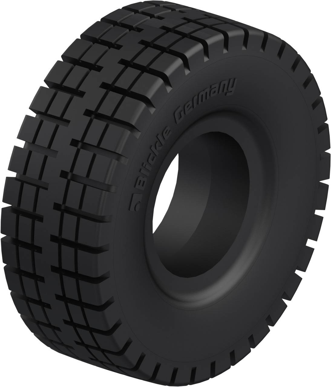 Bridgestone-dæk fra Tyskland med dybt mønster, velegnet til tunge køretøjer. Sidevisning viser mønster og varemærkenavn.