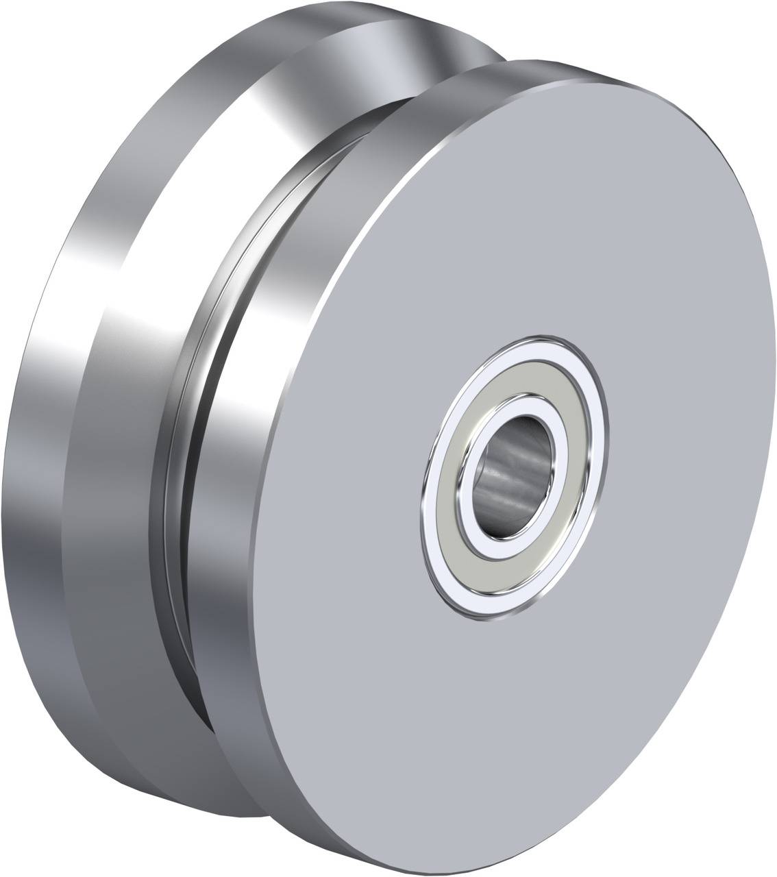 En sølvfarvet metalrulle med et centralt kuglelejer, som bruges til maskiner eller transportmekanismer.