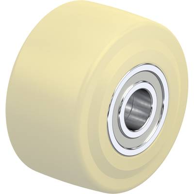 Gult hjul af plastik med metal kuglelejer i midten, egnet til brug i maskiner eller udstyr.