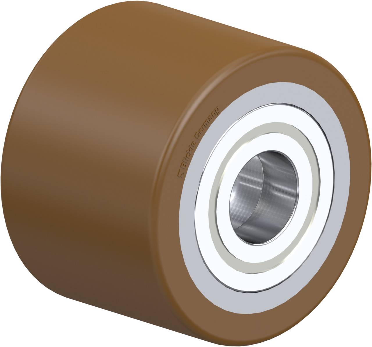Brun plastikhjul med sølvfarvet metallejer, som bruges til rulning i maskiner eller møbeldele.