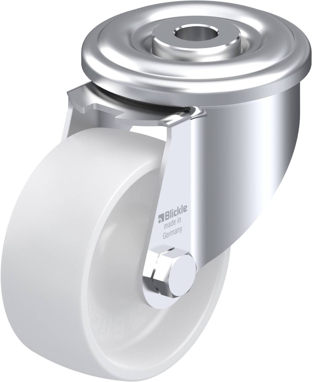 Metal-polyamid styringshjul med monteringshul. Sølvfarvet hus, hvidt hjul. Producent 'Blickle, made in Germany'.