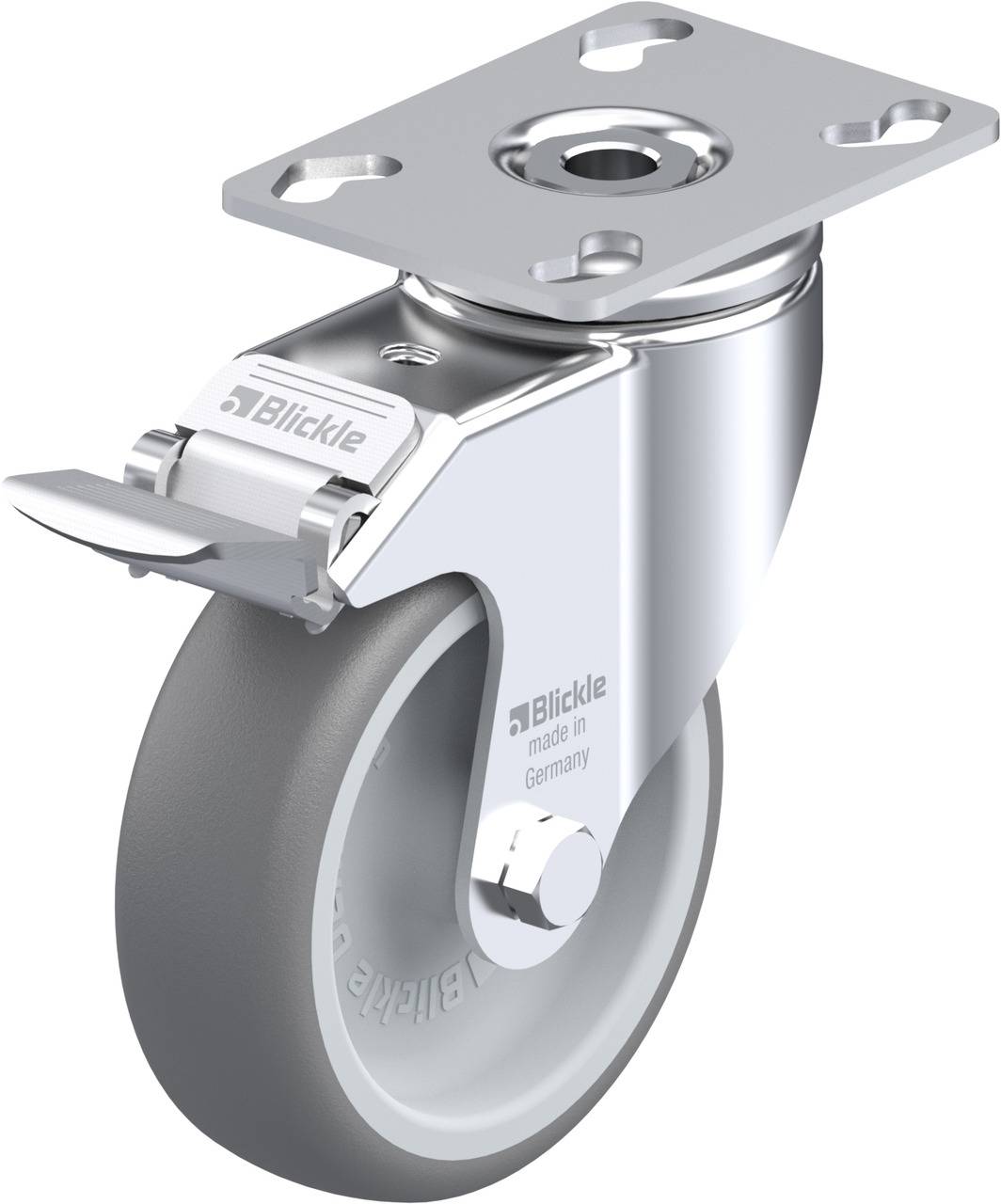 Hjul med metalbeslag, åben monteringsplade og bremse. På siden står der 'Blickle made in Germany'.