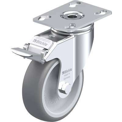 Hjul med metalbeslag, åben monteringsplade og bremse. På siden står der 'Blickle made in Germany'.