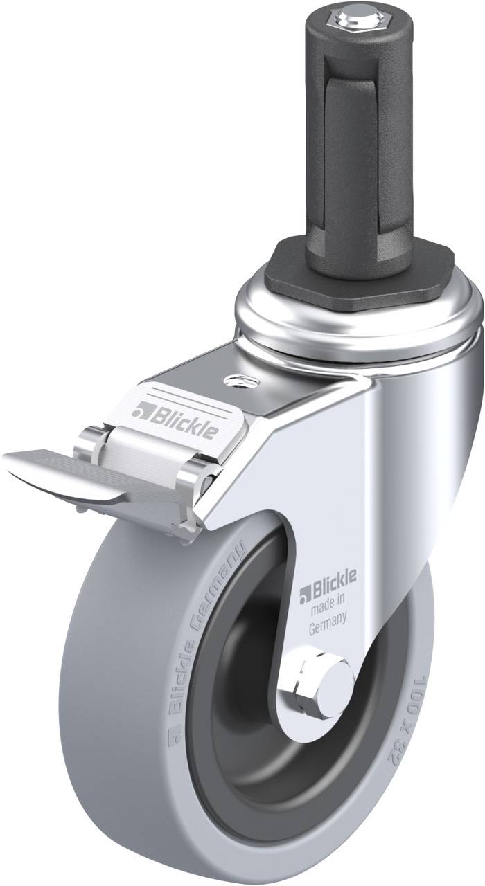 Hjulstel med metalkappe, inklusive beslag og bremsesystem. Fra Blickle, teknologi og oprindelse 'Tyskland' synlig.