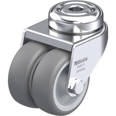Tvillingehjul af metal med grå gummihjul, mærket 'Blickle made in Germany'. Bruges i møbler eller industri.