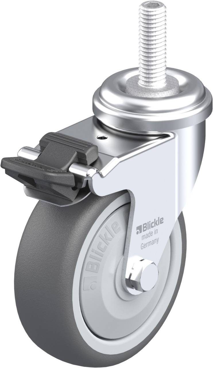 Hjul med bremseanordning og grå gummihjul, blankt metalbeslag, gevindskrue til fastgørelse, påskrift 'Blickle made in Germany'.