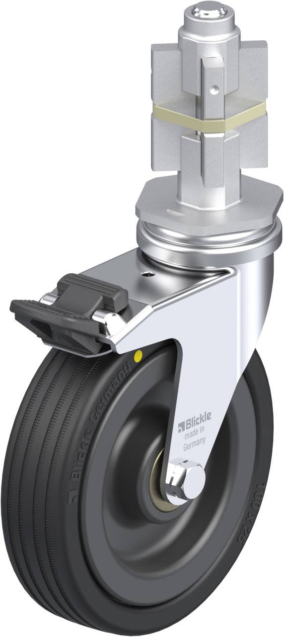 Svingehjul med bremse og gummihjul, sølvfarvet beslag, egnet til transportvogne eller møbler, robust konstruktion til tunge belastninger.
